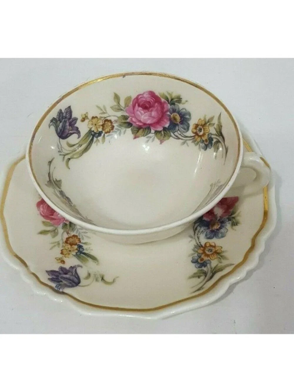 Limoges Lucien Michelaud Tea Cup and Saucer Vintage Pink‎ Roses